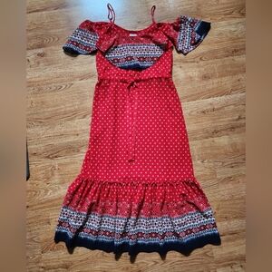 MISA Los Angeles Aztec Print Midi Dress XS Off Shoulder Flowy Red, Navy,White